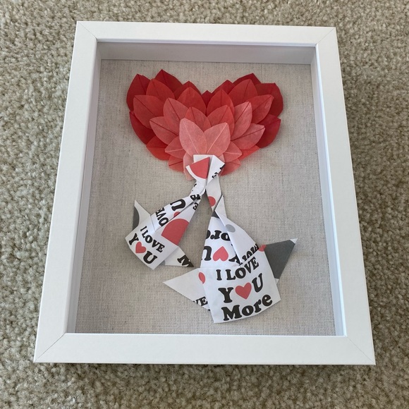 NEW Handmade Origami Koi Fish Love Ombré Heart Wooden Linen Shadow Box 9x11 inch - Picture 4 of 8